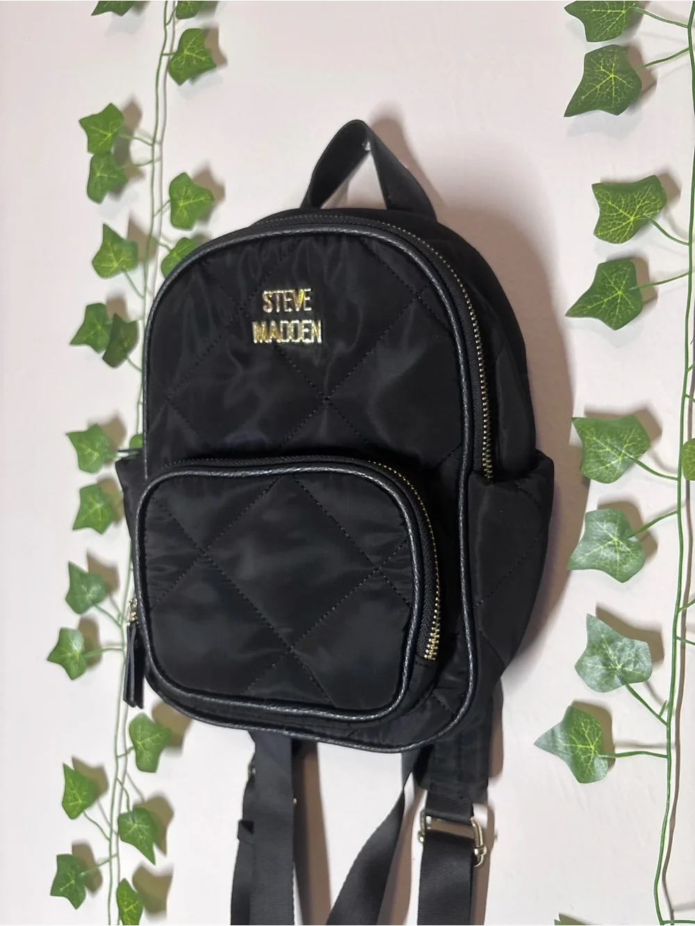 Steve Madden Black Quilted Mini Backpack with Gold Logo